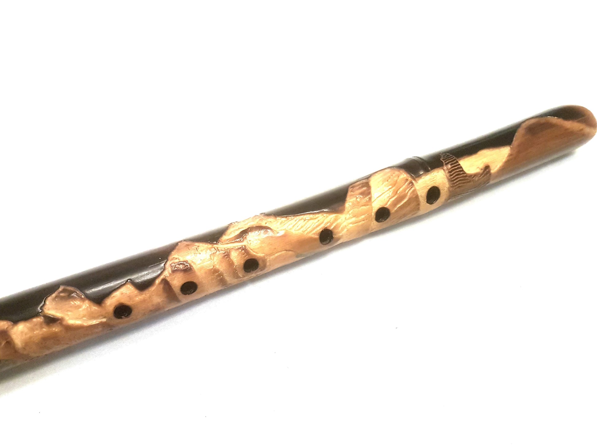 Emerald River Native American Style Flute: Details of Carving of mountains